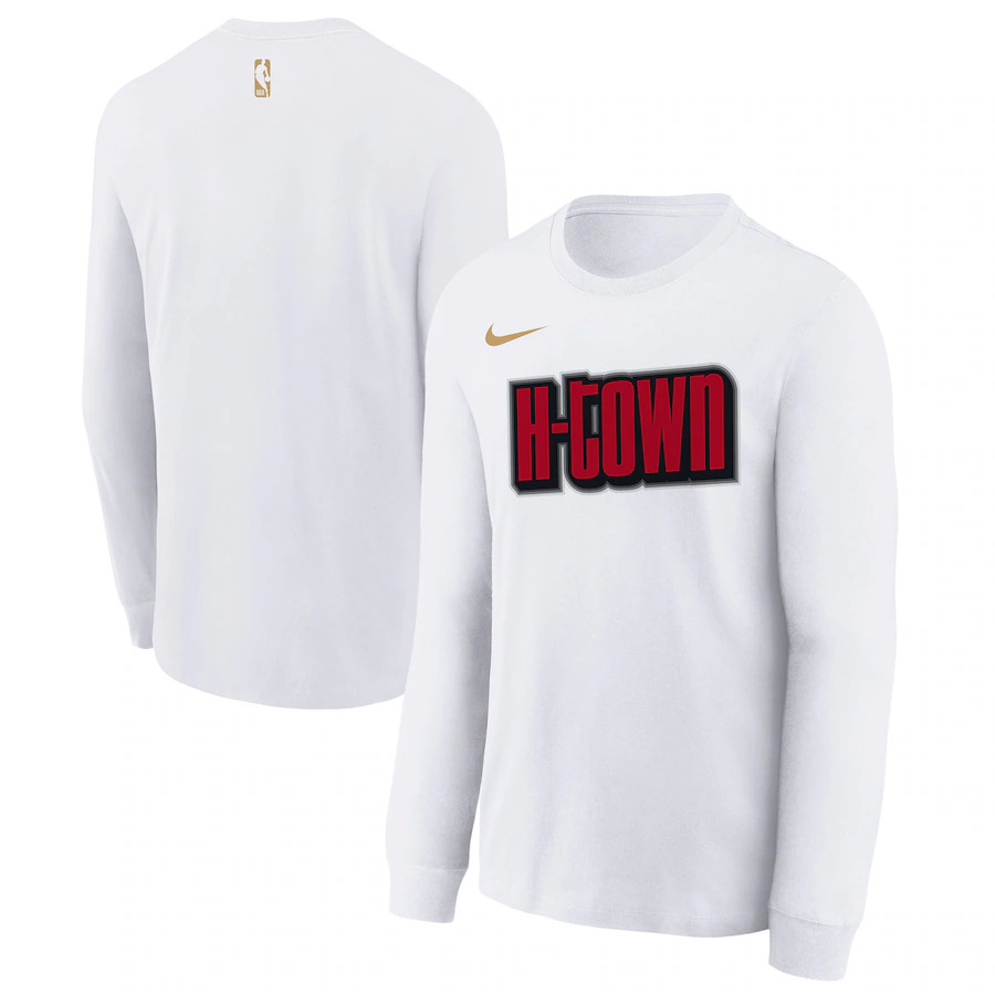 Men's Houston Rockets White 2024/25 City Edition Essential Logo Long Sleeve T-Shirt Men's Houston Rockets White 2024/25 City Edition Essential Logo Long Sleeve T-Shirt